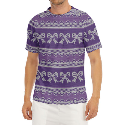 Purple Ribbon Knitted Pattern Print Men's Short Sleeve Rash Guard