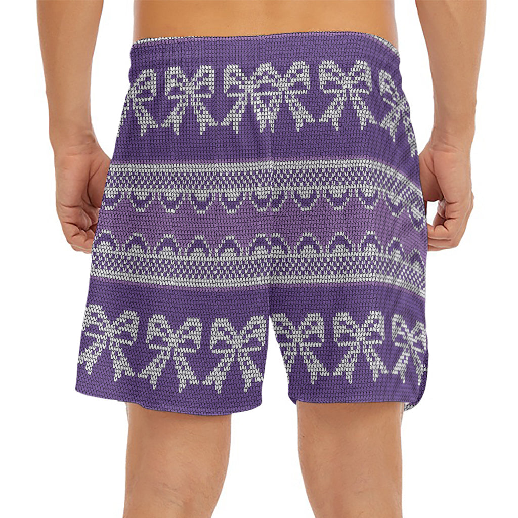 Purple Ribbon Knitted Pattern Print Men's Split Running Shorts