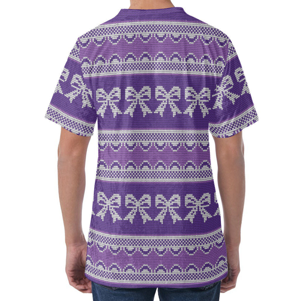 Purple Ribbon Knitted Pattern Print Men's Velvet T-Shirt