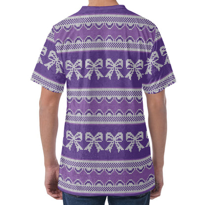 Purple Ribbon Knitted Pattern Print Men's Velvet T-Shirt