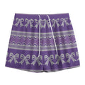 Purple Ribbon Knitted Pattern Print Mesh Shorts
