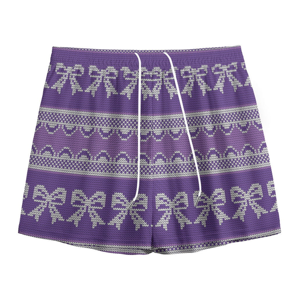 Purple Ribbon Knitted Pattern Print Mesh Shorts