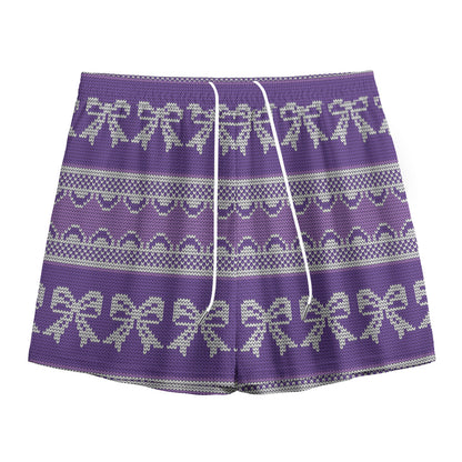 Purple Ribbon Knitted Pattern Print Mesh Shorts