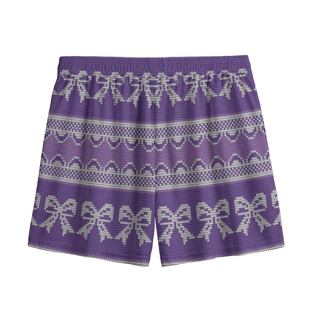 Purple Ribbon Knitted Pattern Print Mesh Shorts
