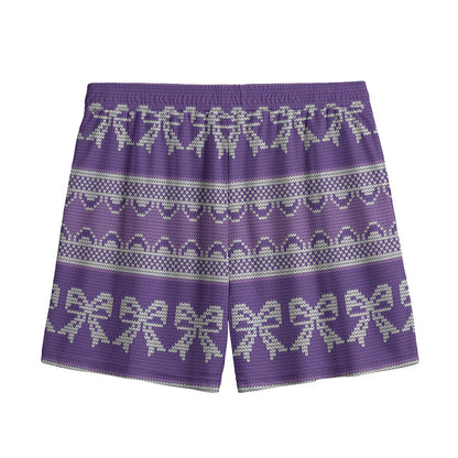 Purple Ribbon Knitted Pattern Print Mesh Shorts