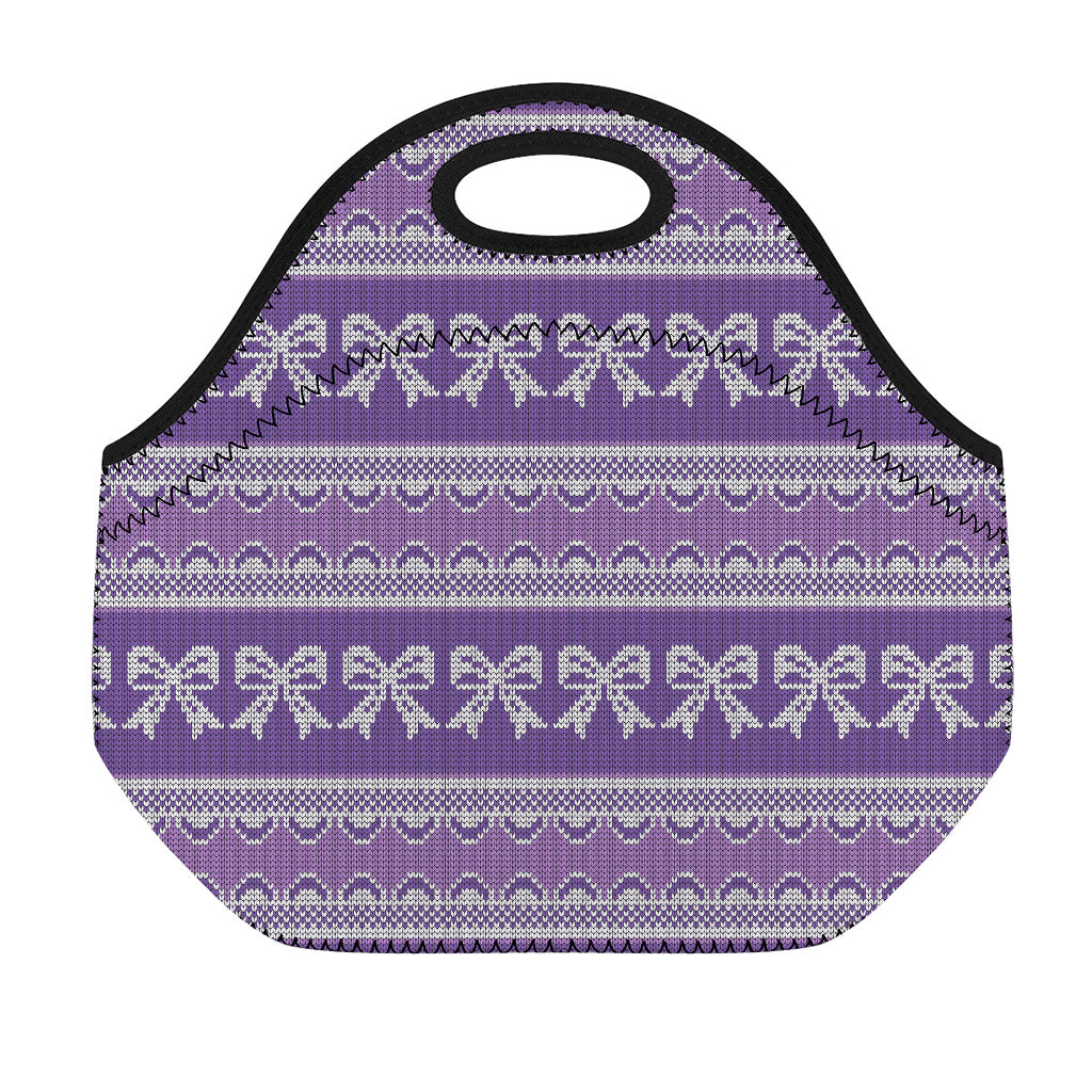 Purple Ribbon Knitted Pattern Print Neoprene Lunch Bag
