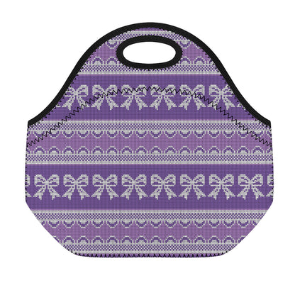 Purple Ribbon Knitted Pattern Print Neoprene Lunch Bag