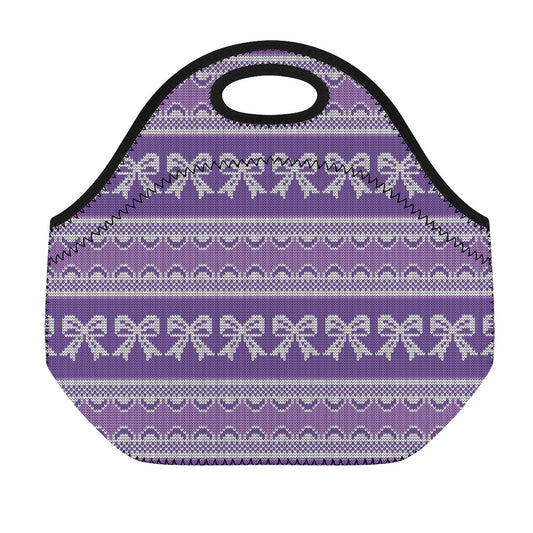 Purple Ribbon Knitted Pattern Print Neoprene Lunch Bag