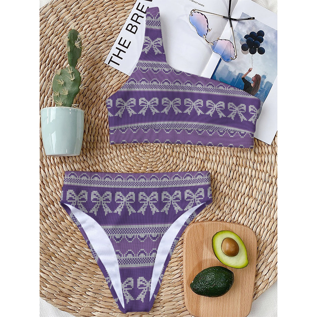 Purple Ribbon Knitted Pattern Print One Shoulder Bikini Top