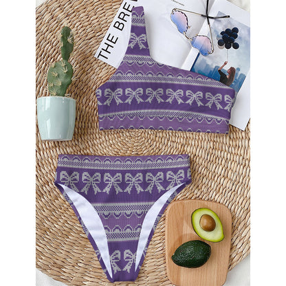 Purple Ribbon Knitted Pattern Print One Shoulder Bikini Top