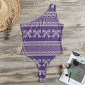 Purple Ribbon Knitted Pattern Print One Shoulder Bodysuit