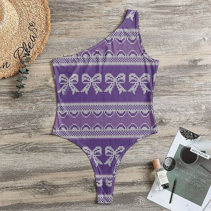 Purple Ribbon Knitted Pattern Print One Shoulder Bodysuit
