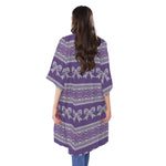 Purple Ribbon Knitted Pattern Print Open Front Beach Cover Up