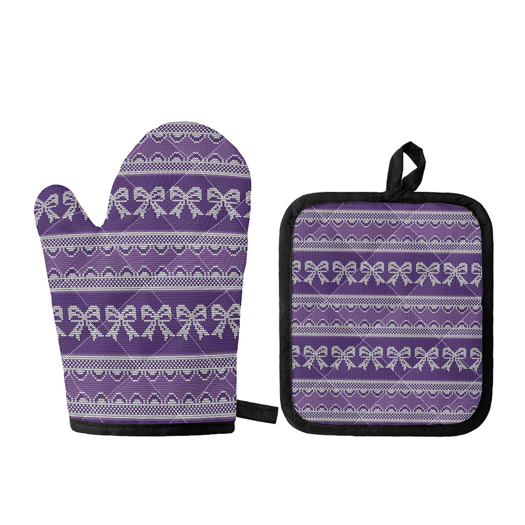 Purple Ribbon Knitted Pattern Print Oven Mitt And Pot Holder Set