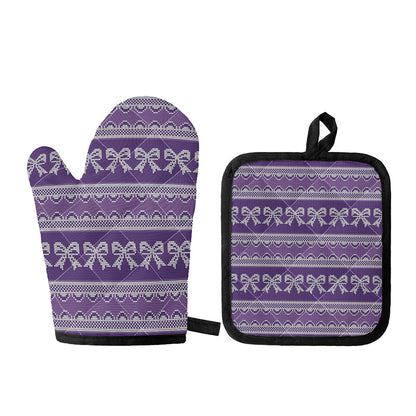 Purple Ribbon Knitted Pattern Print Oven Mitt And Pot Holder Set