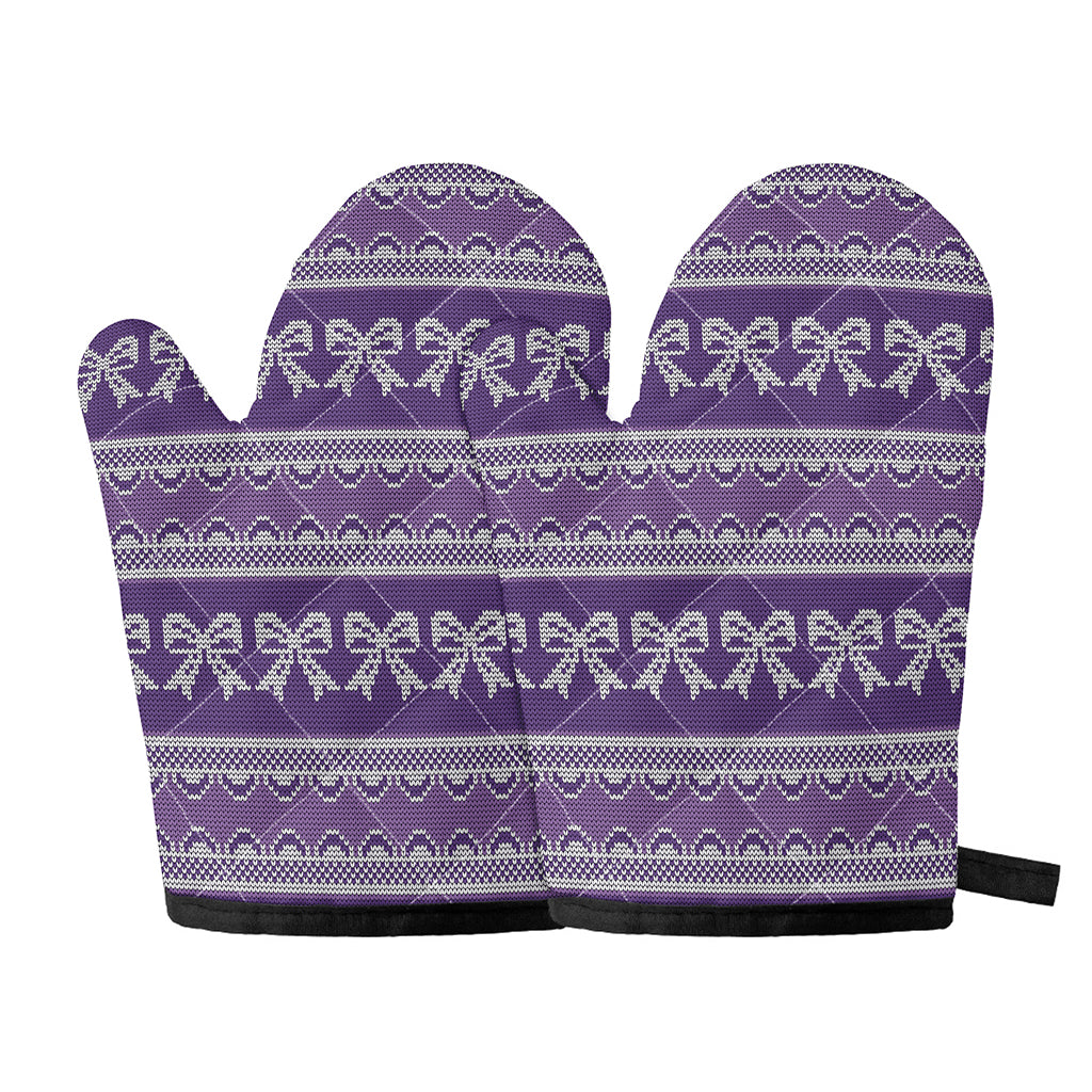 Purple Ribbon Knitted Pattern Print Oven Mitts