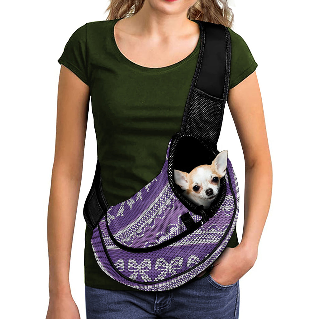 Purple Ribbon Knitted Pattern Print Pet Sling Carrier