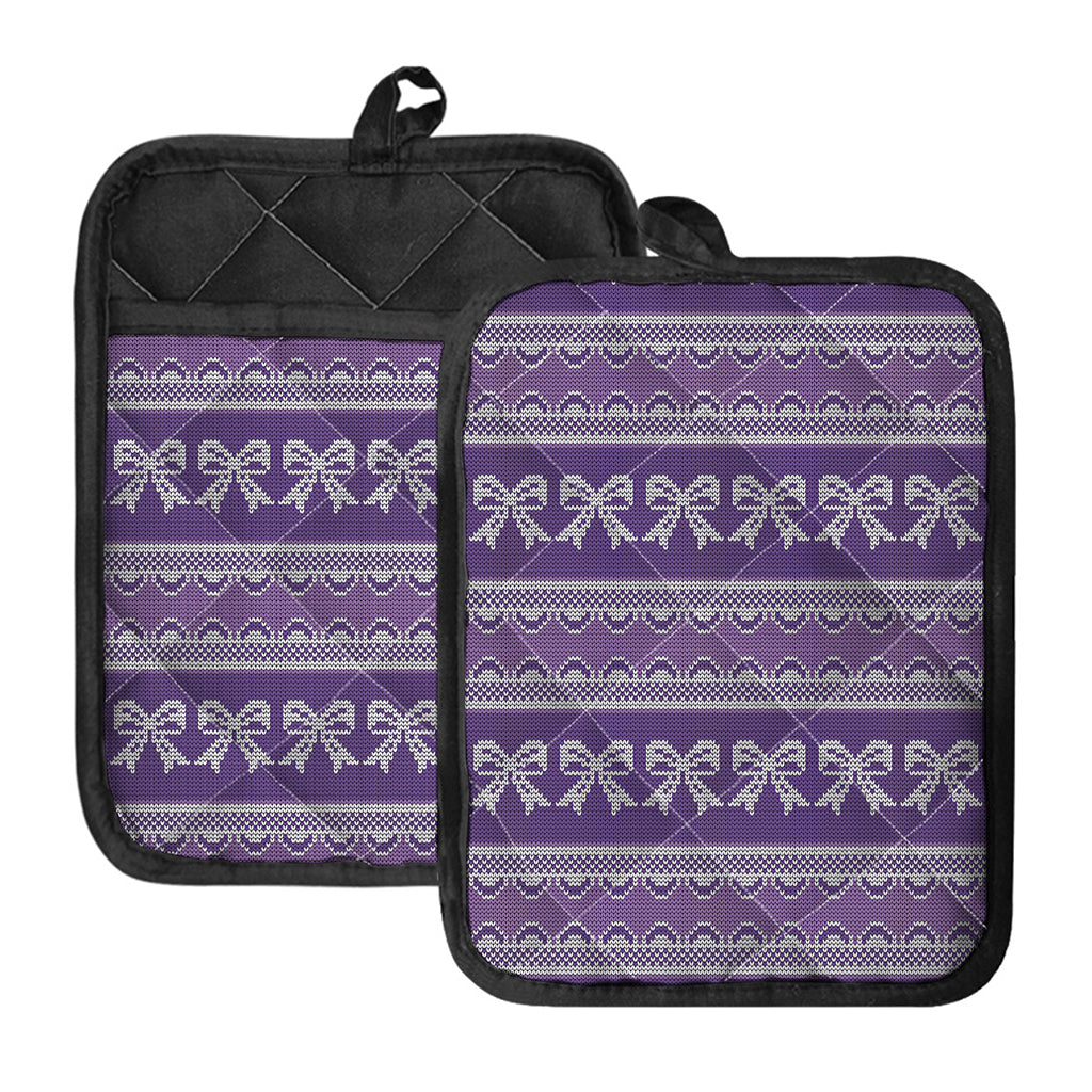 Purple Ribbon Knitted Pattern Print Pot Holders With Pocket