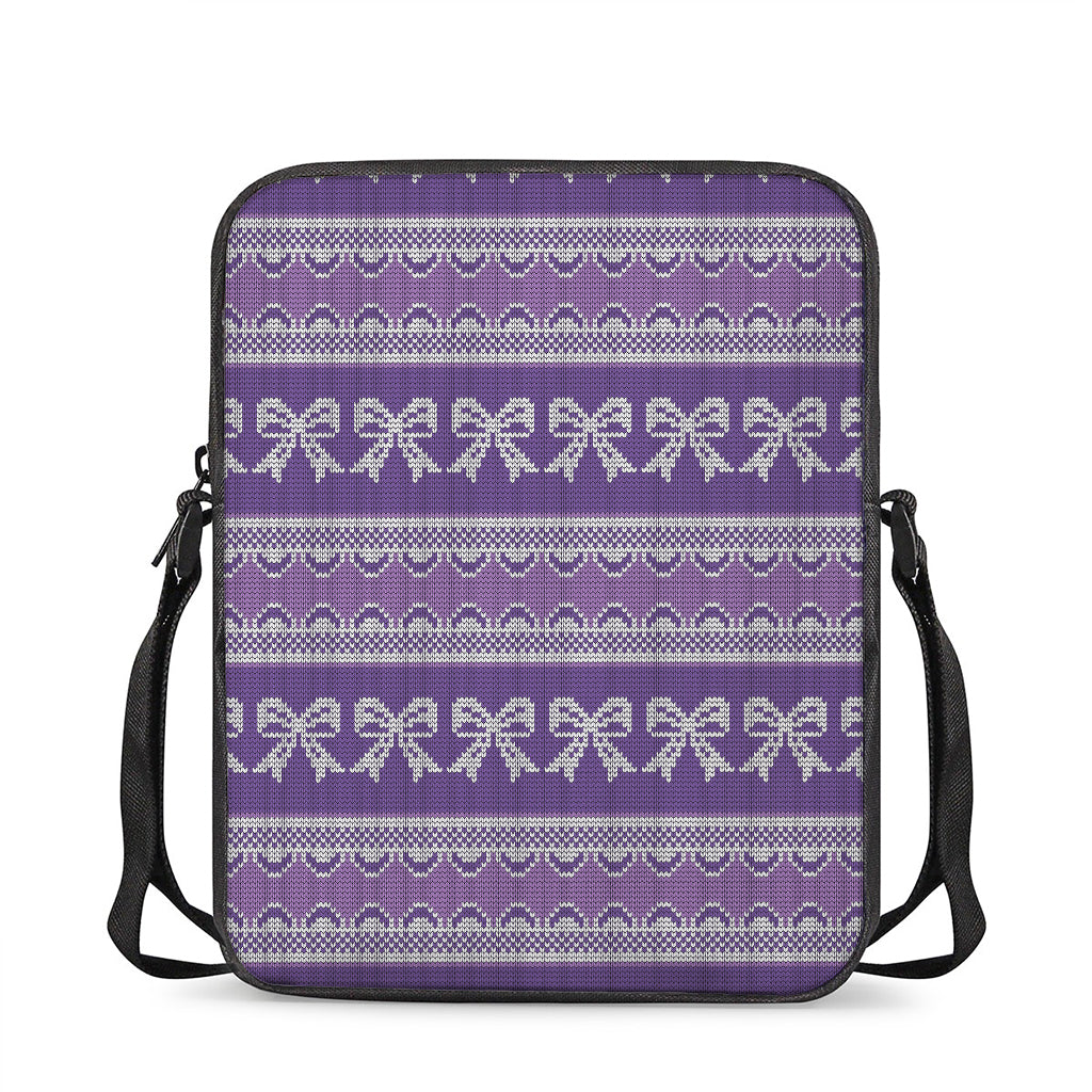 Purple Ribbon Knitted Pattern Print Rectangular Crossbody Bag