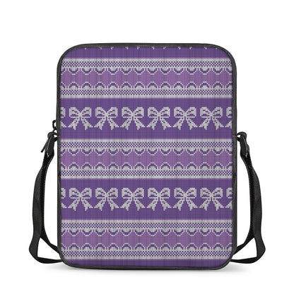 Purple Ribbon Knitted Pattern Print Rectangular Crossbody Bag
