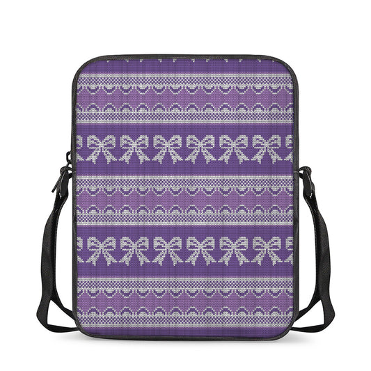 Purple Ribbon Knitted Pattern Print Rectangular Crossbody Bag