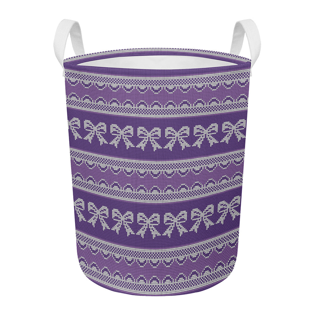 Purple Ribbon Knitted Pattern Print Round Laundry Basket