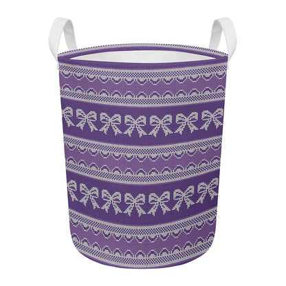 Purple Ribbon Knitted Pattern Print Round Laundry Basket