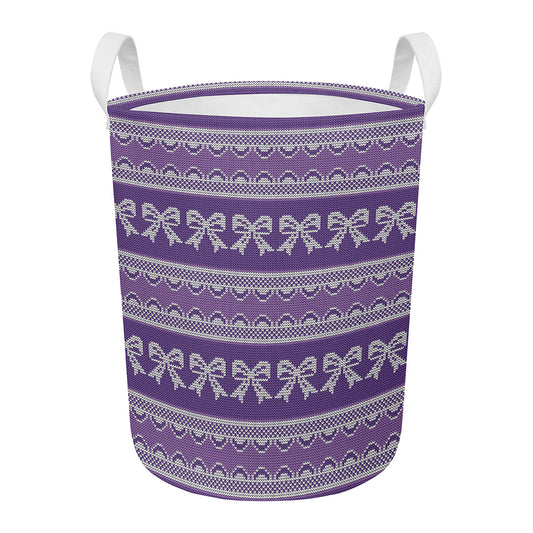 Purple Ribbon Knitted Pattern Print Round Laundry Basket