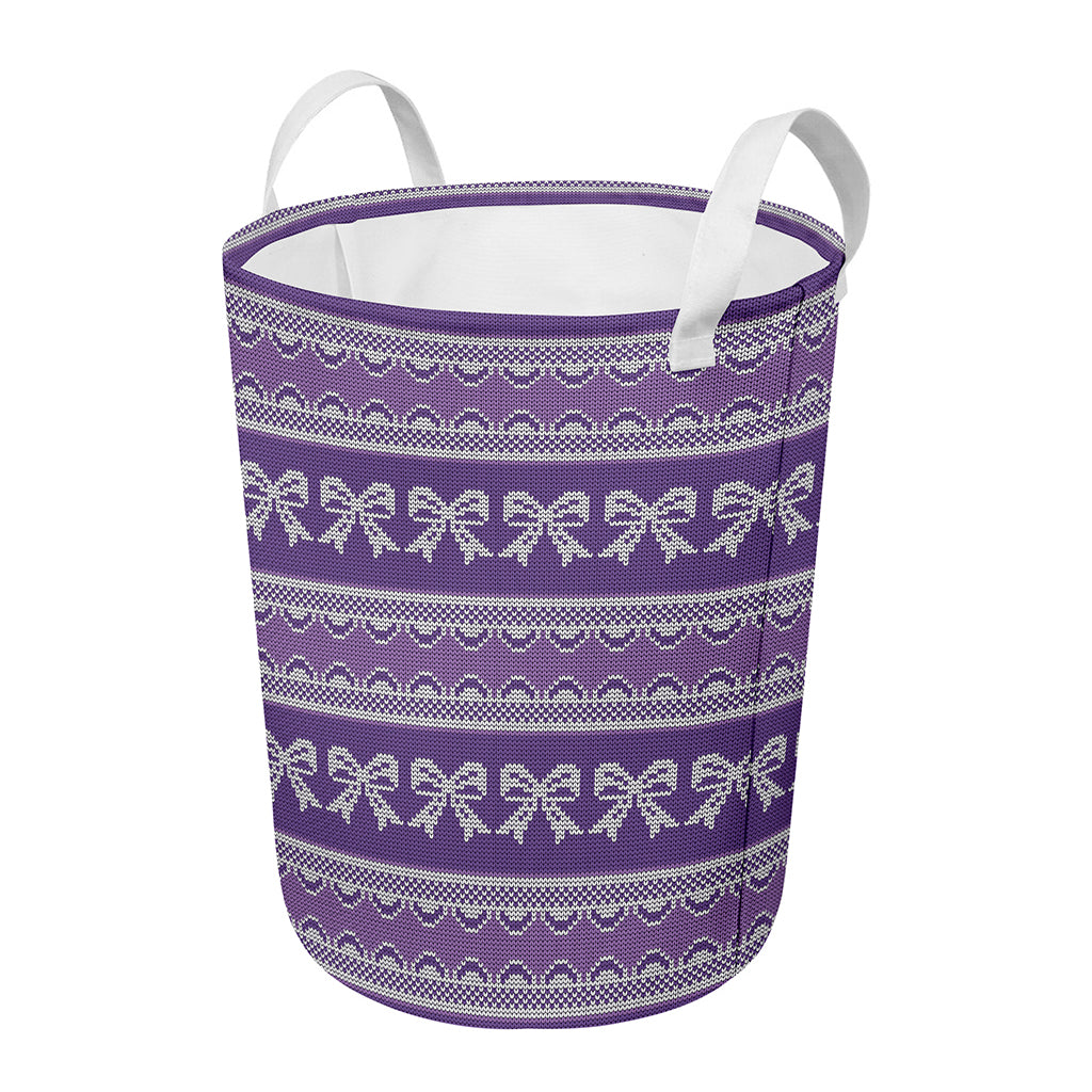 Purple Ribbon Knitted Pattern Print Round Laundry Basket