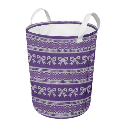 Purple Ribbon Knitted Pattern Print Round Laundry Basket