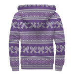 Purple Ribbon Knitted Pattern Print Sherpa Lined Zip Up Hoodie