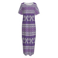 Purple Ribbon Knitted Pattern Print Short Sleeve Long Nightdress