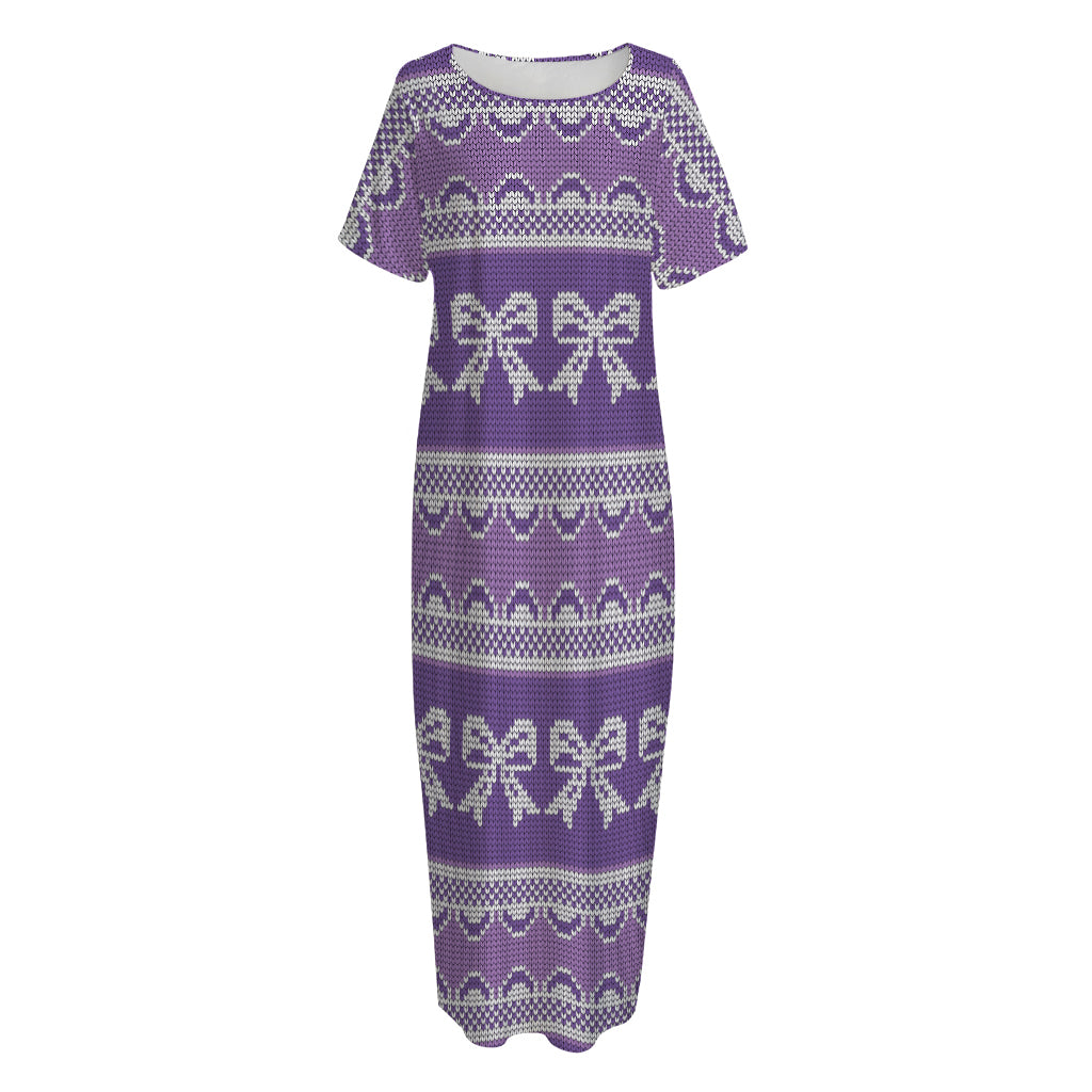 Purple Ribbon Knitted Pattern Print Short Sleeve Long Nightdress