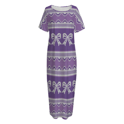 Purple Ribbon Knitted Pattern Print Short Sleeve Long Nightdress