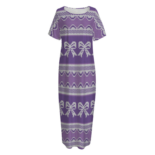 Purple Ribbon Knitted Pattern Print Short Sleeve Long Nightdress