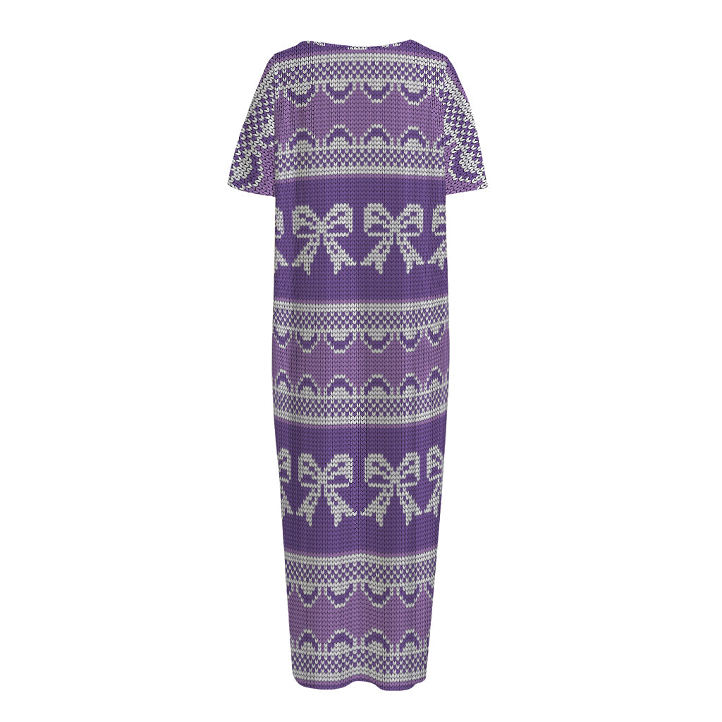 Purple Ribbon Knitted Pattern Print Short Sleeve Long Nightdress