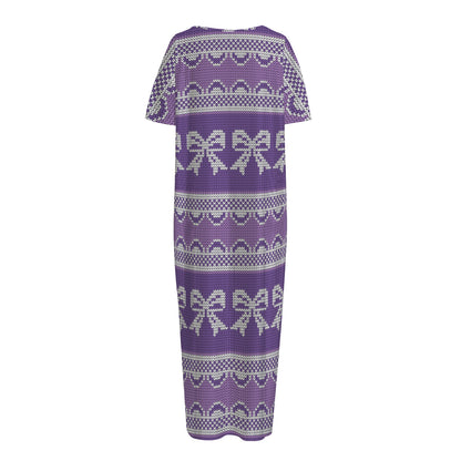 Purple Ribbon Knitted Pattern Print Short Sleeve Long Nightdress
