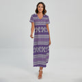 Purple Ribbon Knitted Pattern Print Short Sleeve Maxi Dress