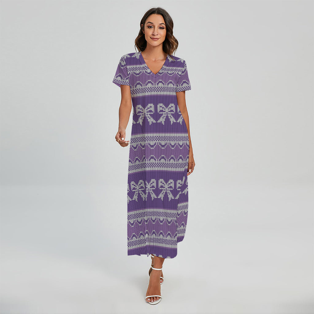 Purple Ribbon Knitted Pattern Print Short Sleeve Maxi Dress