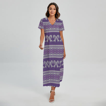 Purple Ribbon Knitted Pattern Print Short Sleeve Maxi Dress