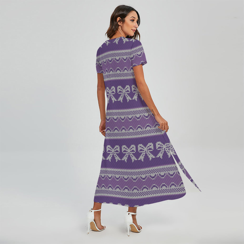 Purple Ribbon Knitted Pattern Print Short Sleeve Maxi Dress