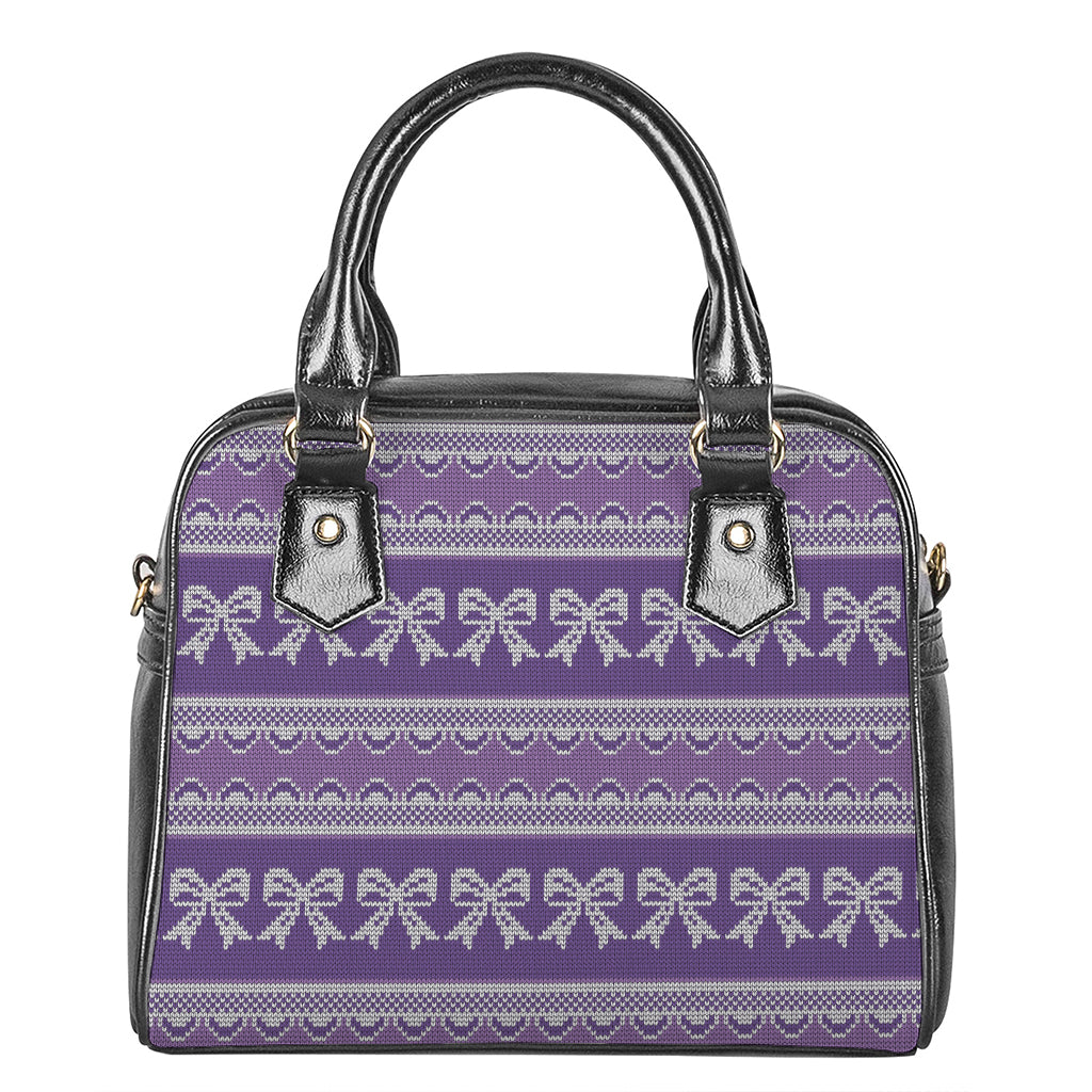 Purple Ribbon Knitted Pattern Print Shoulder Handbag