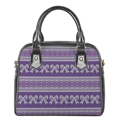 Purple Ribbon Knitted Pattern Print Shoulder Handbag