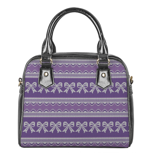 Purple Ribbon Knitted Pattern Print Shoulder Handbag