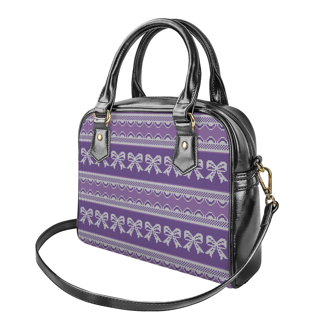 Purple Ribbon Knitted Pattern Print Shoulder Handbag