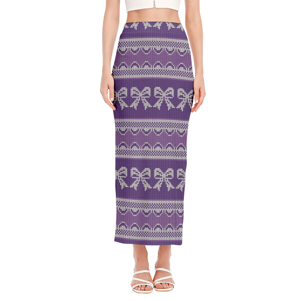 Purple Ribbon Knitted Pattern Print Side Slit Maxi Skirt