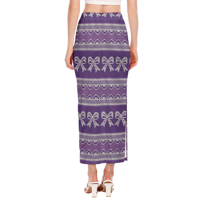 Purple Ribbon Knitted Pattern Print Side Slit Maxi Skirt