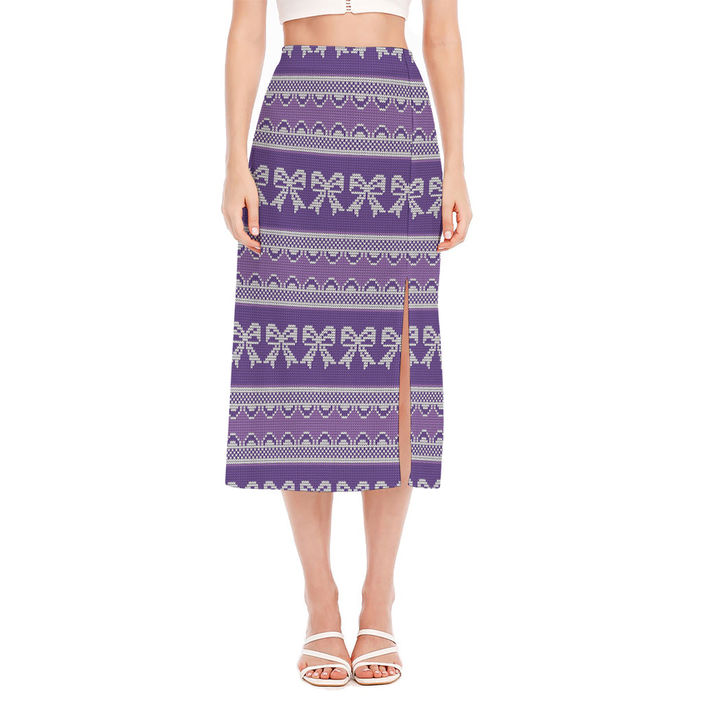 Purple Ribbon Knitted Pattern Print Side Slit Midi Skirt