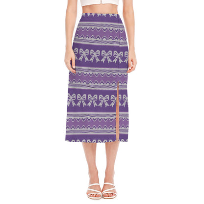 Purple Ribbon Knitted Pattern Print Side Slit Midi Skirt