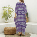 Purple Ribbon Knitted Pattern Print Silk V-Neck Kaftan Dress